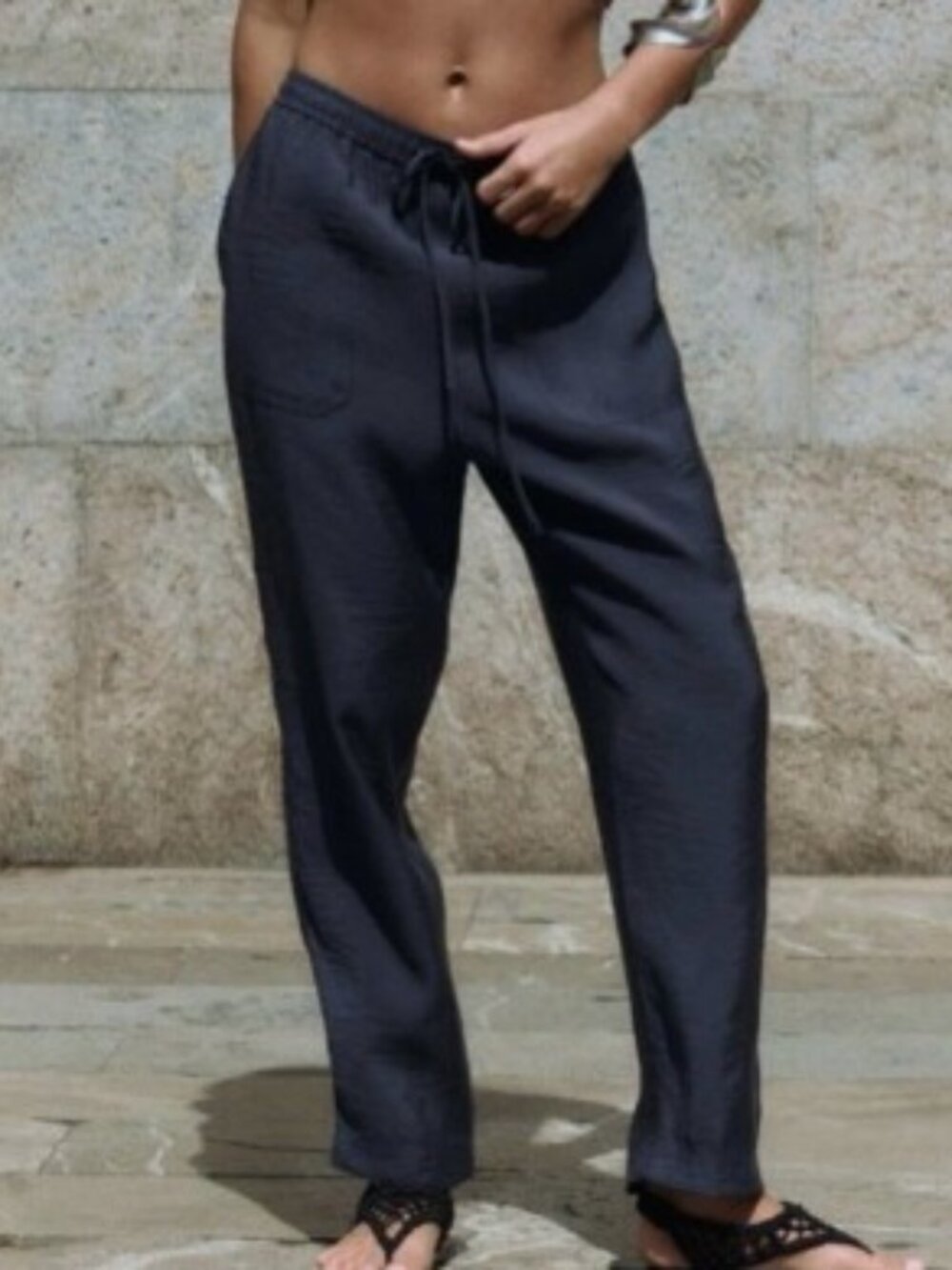 Zara Dark Blue Flowy Ankle Pants Lightweight Summer